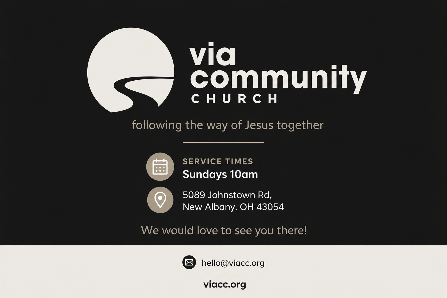 Via Community Church. Following the way of Jesus together. Sundays at 10am at 5089 Johnstown Rd, New Albany, OH 43054. We would love to see you there.